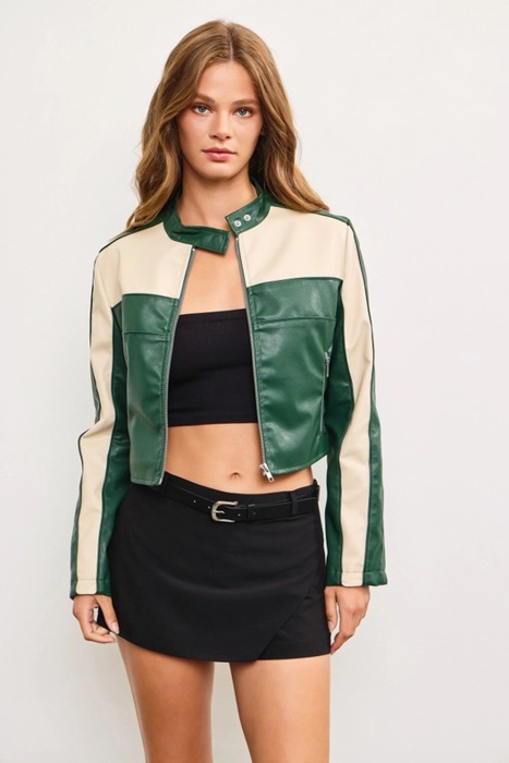 Sierra Color Block Cropped Jacket | Color Block Faux Leather Jacket | Trendy Fall | Taupe and Green