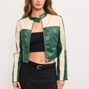  Sierra Color Block Cropped Jacket | Color Block Faux Leather Jacket | Trendy Fall | Taupe and Green