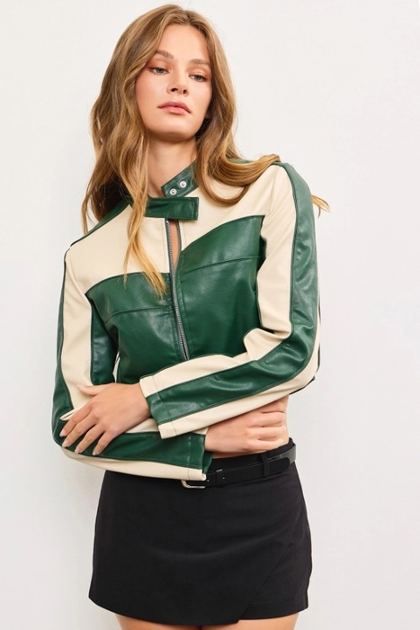 Sierra Color Block Cropped Jacket | Color Block Faux Leather Jacket | Trendy Fall | Taupe and Green