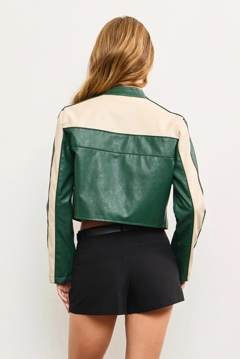 Sierra Color Block Cropped Jacket | Color Block Faux Leather Jacket | Trendy Fall | Taupe and Green