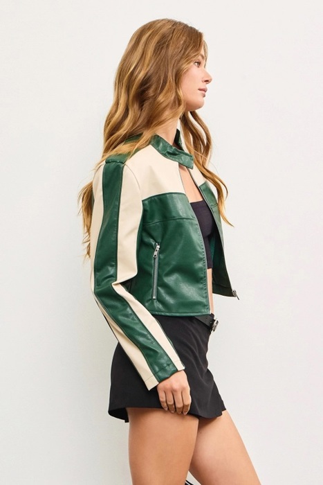 Sierra Color Block Cropped Jacket | Color Block Faux Leather Jacket | Trendy Fall | Taupe and Green