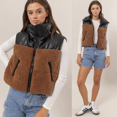 Sophie Sherpa Puffer Vest | Black and Brown Faux Leather Vest | Fall Trends | Trendy Vest