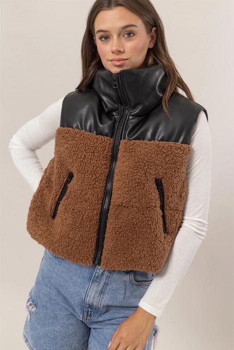 Sophie Sherpa Puffer Vest | Black and Brown Faux Leather Vest | Fall Trends | Trendy Vest