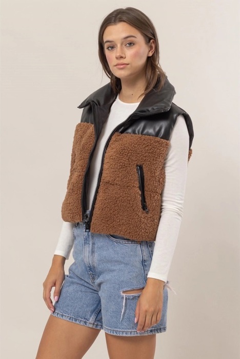 Sophie Sherpa Puffer Vest | Black and Brown Faux Leather Vest | Fall Trends | Trendy Vest