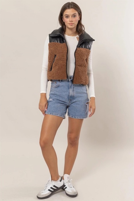 Sophie Sherpa Puffer Vest | Black and Brown Faux Leather Vest | Fall Trends | Trendy Vest