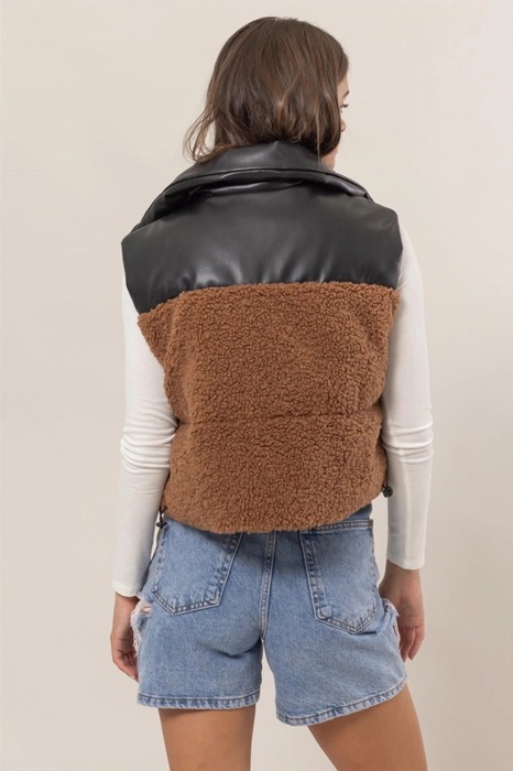 Sophie Sherpa Puffer Vest | Black and Brown Faux Leather Vest | Fall Trends | Trendy Vest