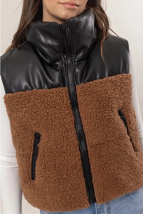 Sophie Sherpa Puffer Vest | Black and Brown Faux Leather Vest | Fall Trends | Trendy Vest