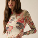  Suzanne Floral-Print Mesh Mock-Neck Thumbhole Top | Women's Shirt | Fall and Winter Trendy Fashion | Holiday Outfit Inspo | Modern Romantic Stylish Statement Piece