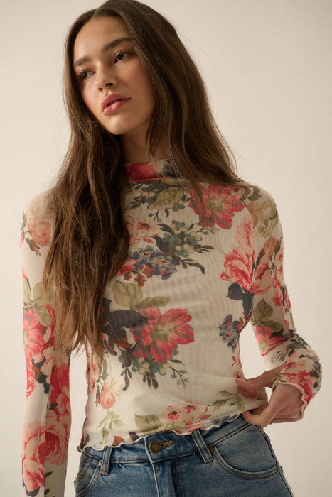 Suzanne Floral-Print Mesh Mock-Neck Thumbhole Top | Women's Shirt | Fall and Winter Trendy Fashion | Holiday Outfit Inspo | Modern Romantic Stylish Statement Piece