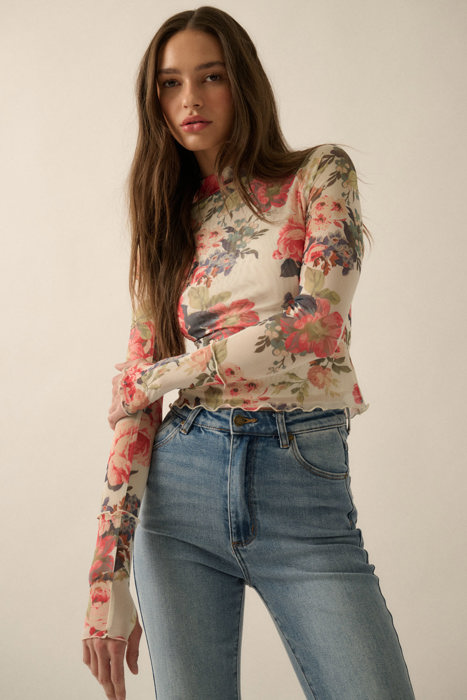 Suzanne Floral-Print Mesh Mock-Neck Thumbhole Top | Women's Shirt | Fall and Winter Trendy Fashion | Holiday Outfit Inspo | Modern Romantic Stylish Statement Piece