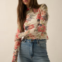  Suzanne Floral-Print Mesh Mock-Neck Thumbhole Top | Women's Shirt | Fall and Winter Trendy Fashion | Holiday Outfit Inspo | Modern Romantic Stylish Statement Piece