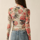  Suzanne Floral-Print Mesh Mock-Neck Thumbhole Top | Women's Shirt | Fall and Winter Trendy Fashion | Holiday Outfit Inspo | Modern Romantic Stylish Statement Piece