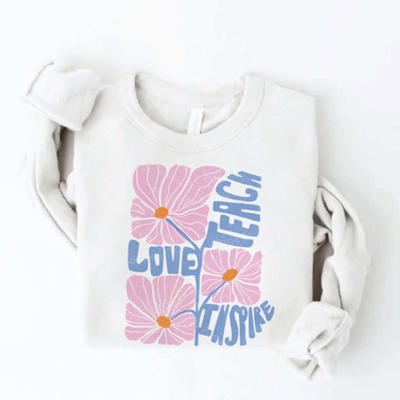 Teach Love Inspire Oversized Graphic Sweatshirt | Vintage White Long Sleeves Teacher Sweater | Soft Crewneck