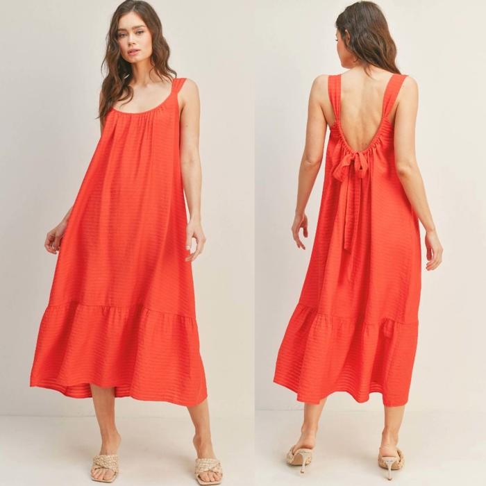 Zoe Back Tie Maxi Dress | Red Woven Bow Tied Open Back Dress | Spring | Summer | Vacation