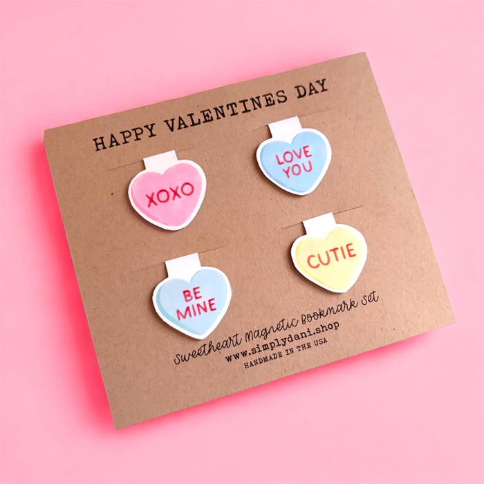 Valentines Day Gift | Magnetic Bookmarks | Set of 4 Candy Hearts