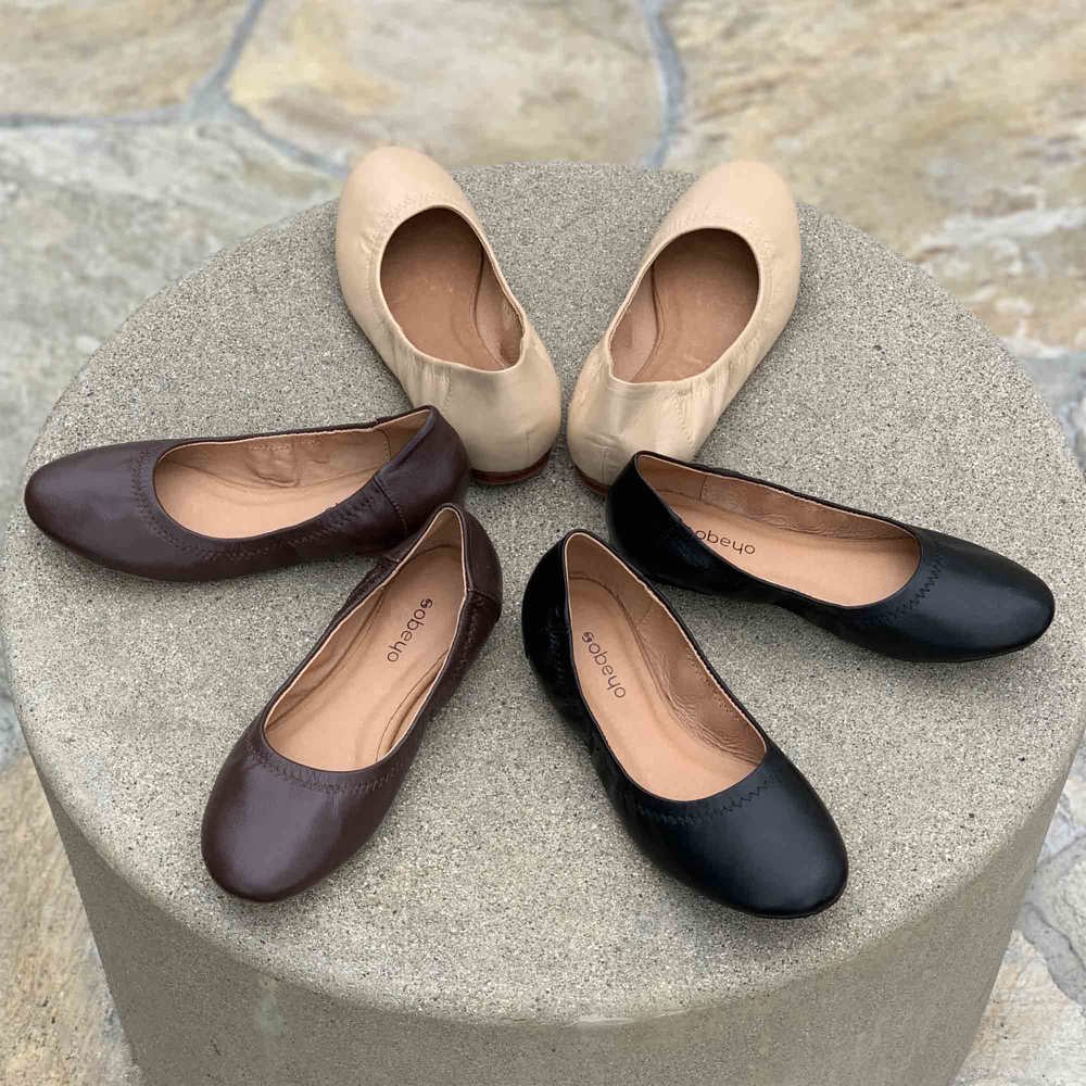 Genuine Leather  Ballet Flats Round Toe Elastic