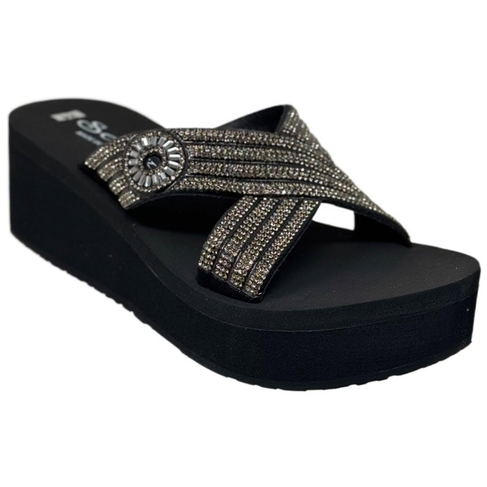 Women's Rhinestone Crisscross Strap Slide Wedge Sandals