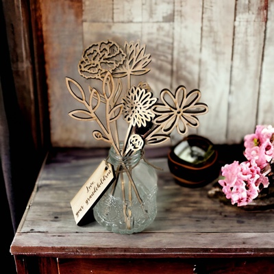 Personalized Birth Flower Jar – Wooden Flowers by Month with Custom Tag | Valentines Gift