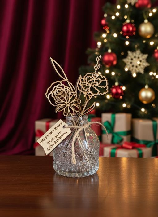 Personalized Birth Flower Jar – Wooden Flowers by Month with Custom Tag | Perfect Holiday Gift for Mom