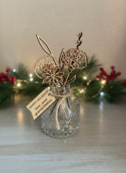 Personalized Birth Flower Jar – Wooden Flowers by Month with Custom Tag | Perfect Holiday Gift for Mom