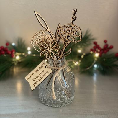 Personalized Birth Flower Jar – Wooden Flowers by Month with Custom Tag | Perfect Holiday Gift for Mom