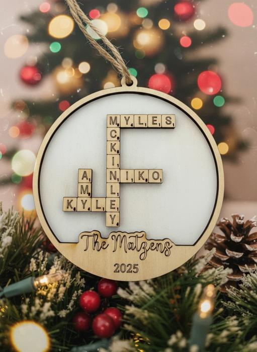 Crossword Ornament. Personalized Ornament. Family Name Ornament. Crossword Puzzle