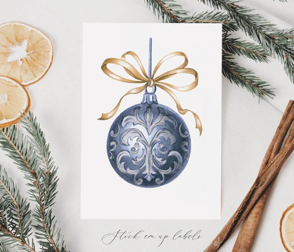 Christmas Cards - Victorian Blue and Gold Ornament, Hand Drawn Style Art / Set of 12