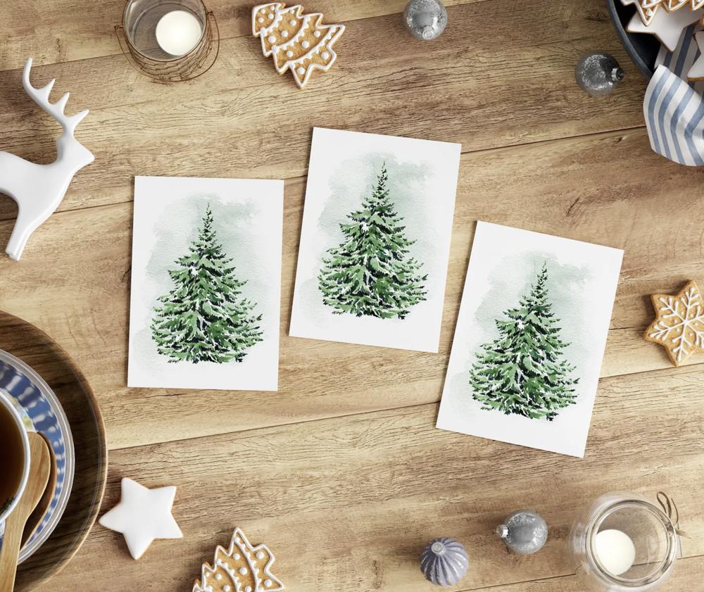 Christmas Cards - Watercolor Evergreen Tree / Set of 12