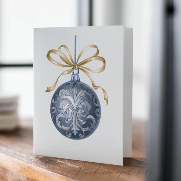 Christmas Cards - Victorian Blue and Gold Ornament, Hand Drawn Style Art / Set of 12