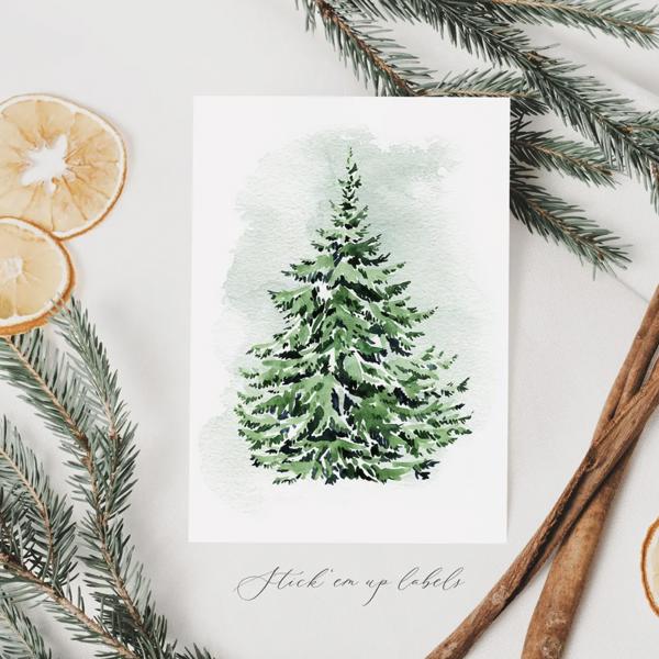 Christmas Cards - Watercolor Evergreen Tree / Set of 12