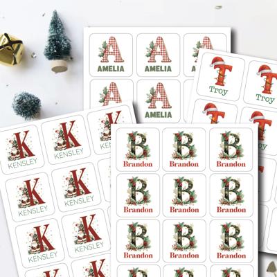 Christmas Name Labels - Kids Personalized Christmas with Large Initial,  Set of 12