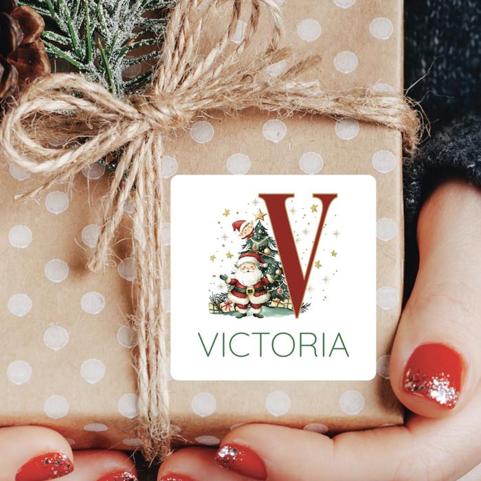 Christmas Name Labels - Kids Personalized Christmas with Large Initial,  Set of 12