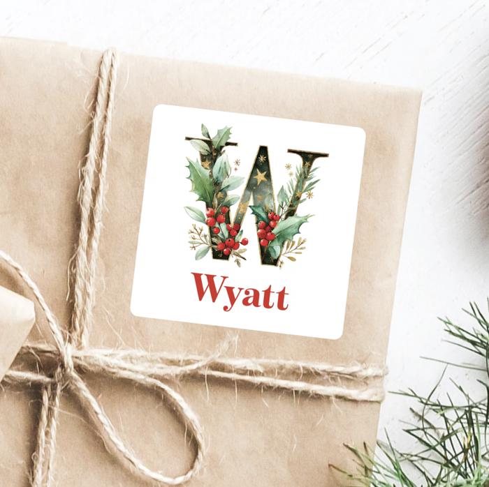 Christmas Name Labels - Kids Personalized Christmas with Large Initial,  Set of 12