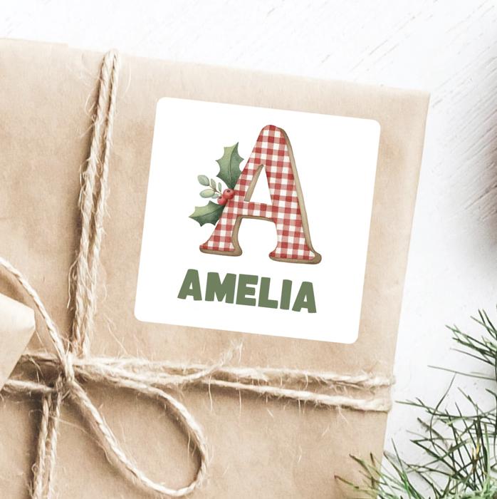 Christmas Name Labels - Kids Personalized Christmas with Large Initial,  Set of 12