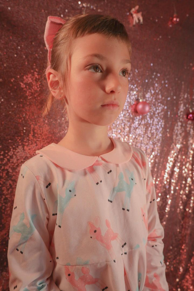 Pink Christmas Dress with Retro Deer for Toddler Girls