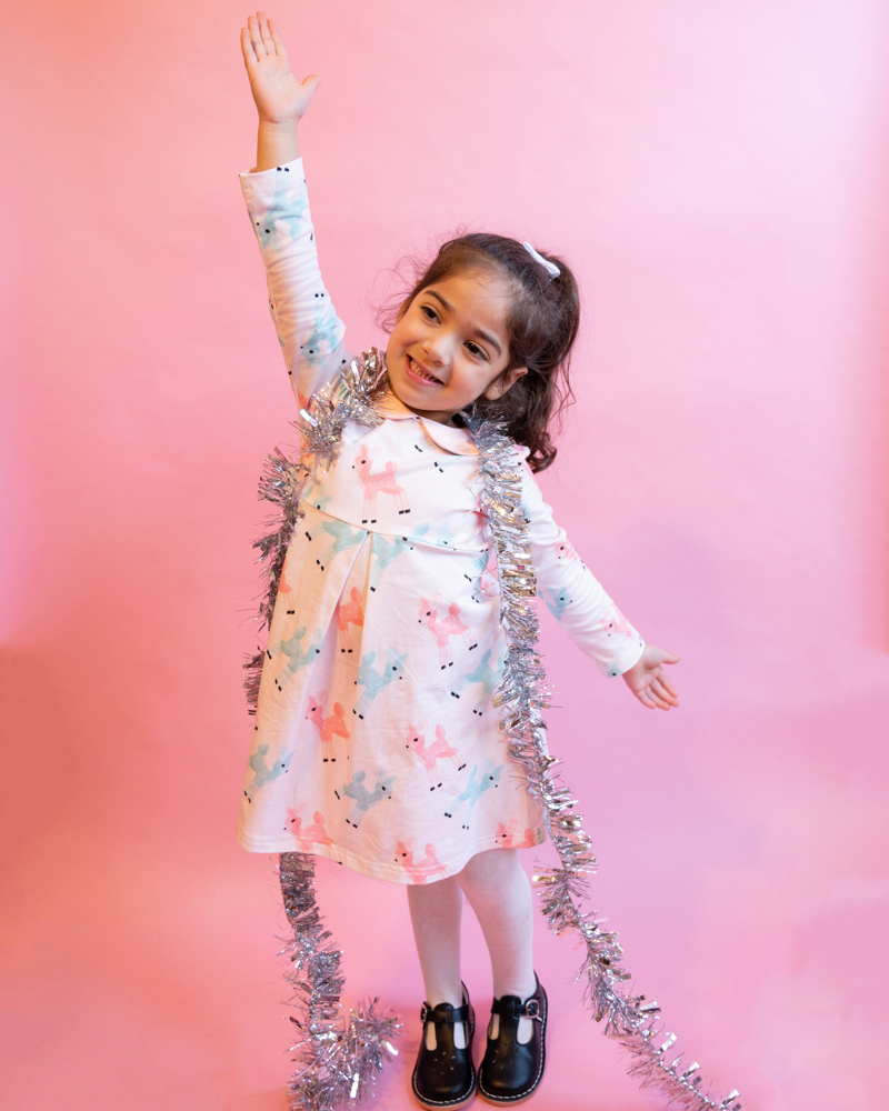 Pink Christmas Dress with Retro Deer for Toddler Girls