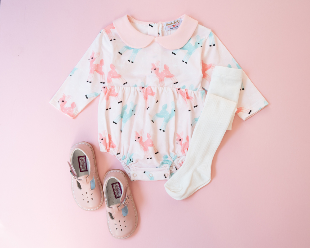 Pink Christmas Romper with Retro Deer for Babies