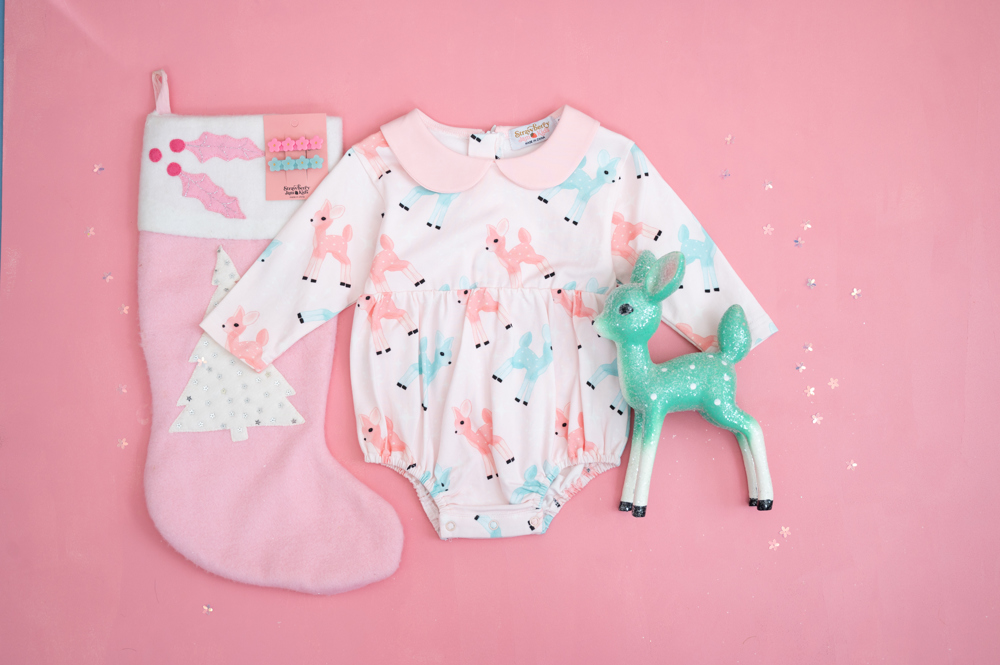 Pink Christmas Romper with Retro Deer for Babies