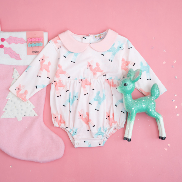 Pink Christmas Romper with Retro Deer for Babies