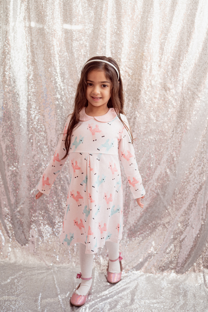 Pink Christmas Dress with Retro Deer for Toddler Girls