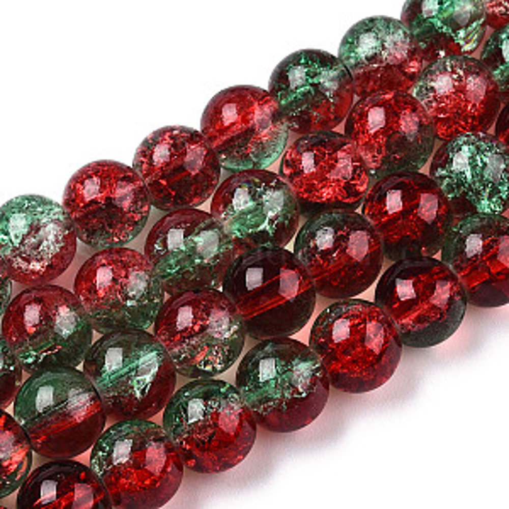  Red and Creen Crackle OR Red Matte 8mm Beads and Three Feet of Stretch Cord - Your Choice - Approximately 24 Inch Strands - Make Festive Stretch Bracelets and Jewelry for the Holidays