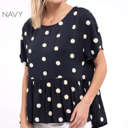 Large Navy Flowy Dot Blouse | S-L | Button Back | Dot Pattern | Short Sleeve