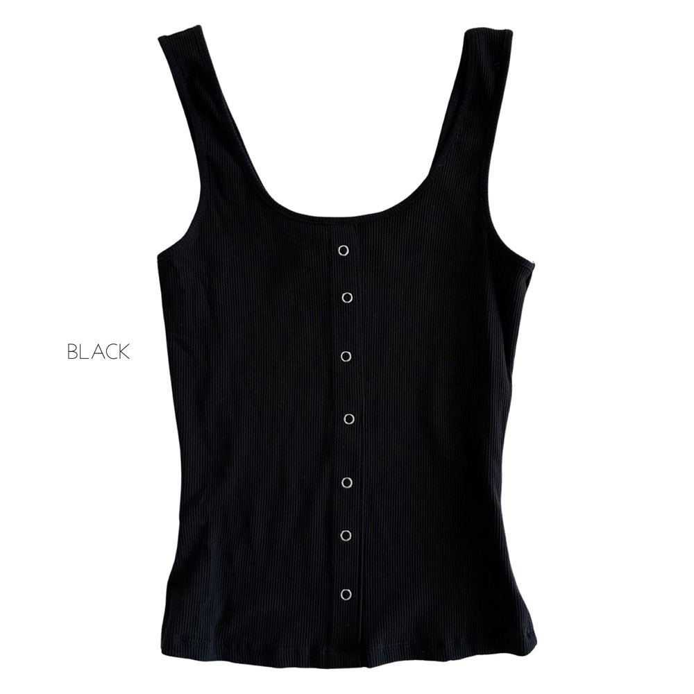 Ribbed Snap Front Tank | S-L | Mock Snap-Front Design | Square Neck Style | Trendy and Comfortable