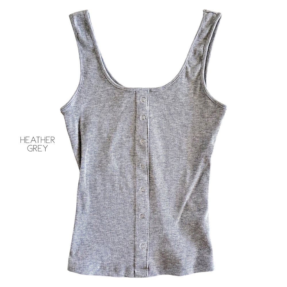 Ribbed Snap Front Tank | S-L | Mock Snap-Front Design | Square Neck Style | Trendy and Comfortable