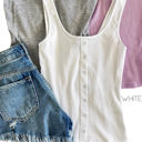 Small White Ribbed Snap Front Tank | S-L | Mock Snap-Front Design | Square Neck Style | Trendy and Comfortable