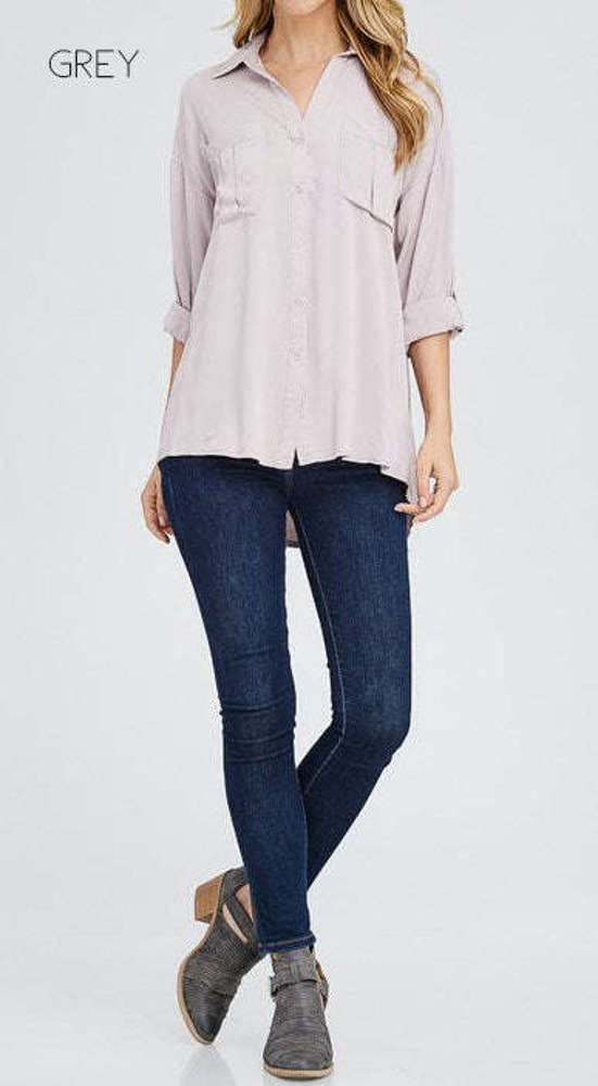 Relaxed Roll Sleeve Blouse | S-XL | Casual & Chic | Snap Buttons | Pocket Details | Roll-Tab Sleeves