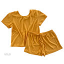 Large Gold Ultra Soft Ribbed Lounge Set | S-L | Ribbed Short Sleeve Design | Soft & Lightweight | Drawstring Waist for Comfort