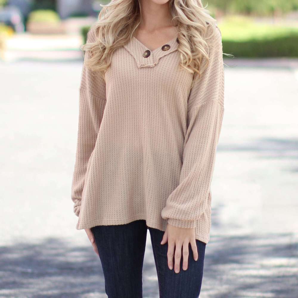 Henley V-Neck Flowy Top | S-XL | Waffle Knit Design | Button Detail Neckline | Perfect for Dressing Up or Down