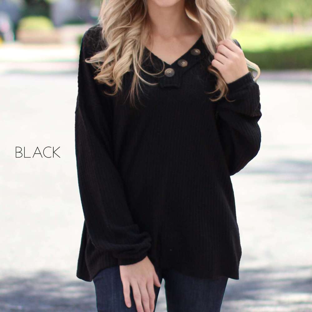 Henley V-Neck Flowy Top | S-XL | Waffle Knit Design | Button Detail Neckline | Perfect for Dressing Up or Down