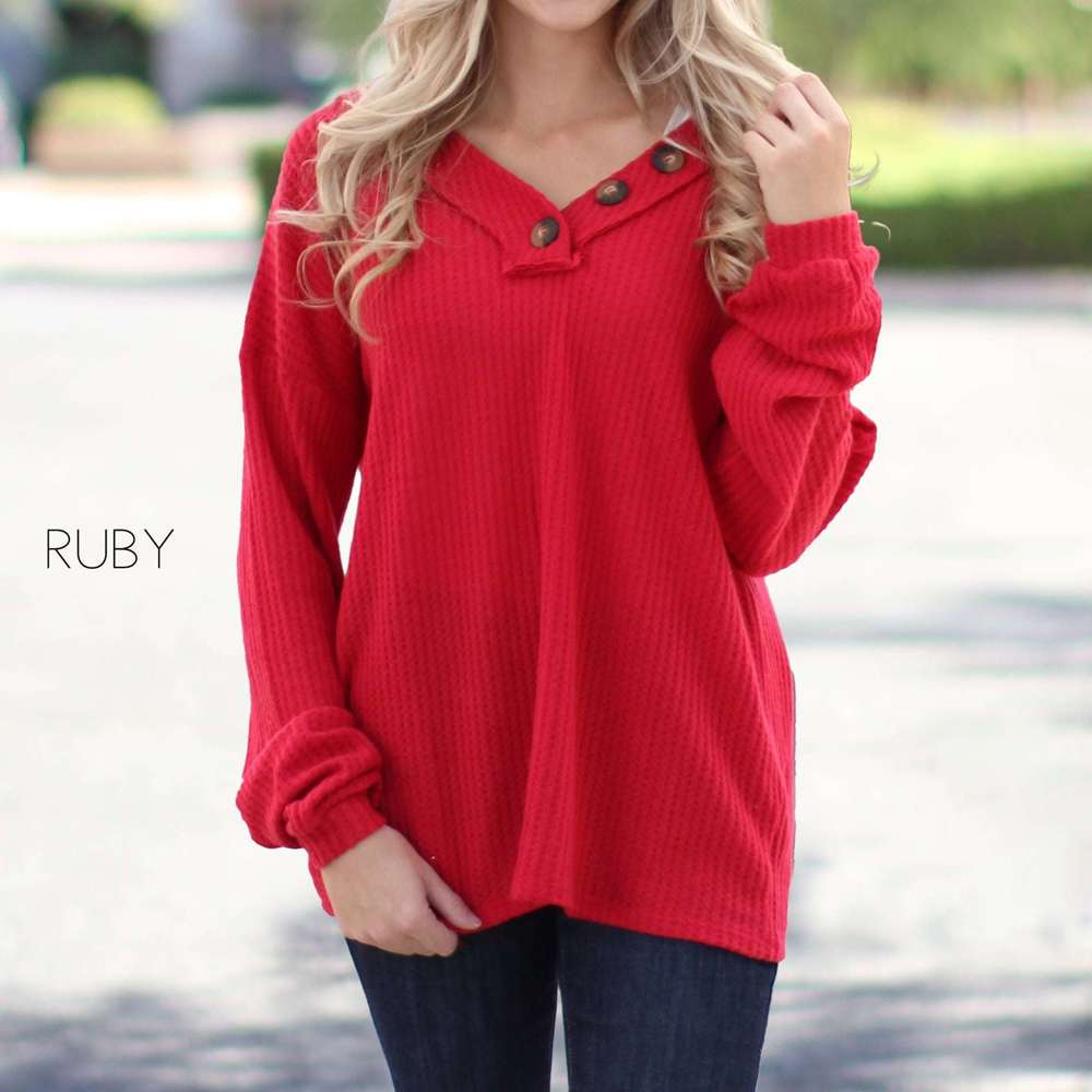 Henley V-Neck Flowy Top | S-XL | Waffle Knit Design | Button Detail Neckline | Perfect for Dressing Up or Down